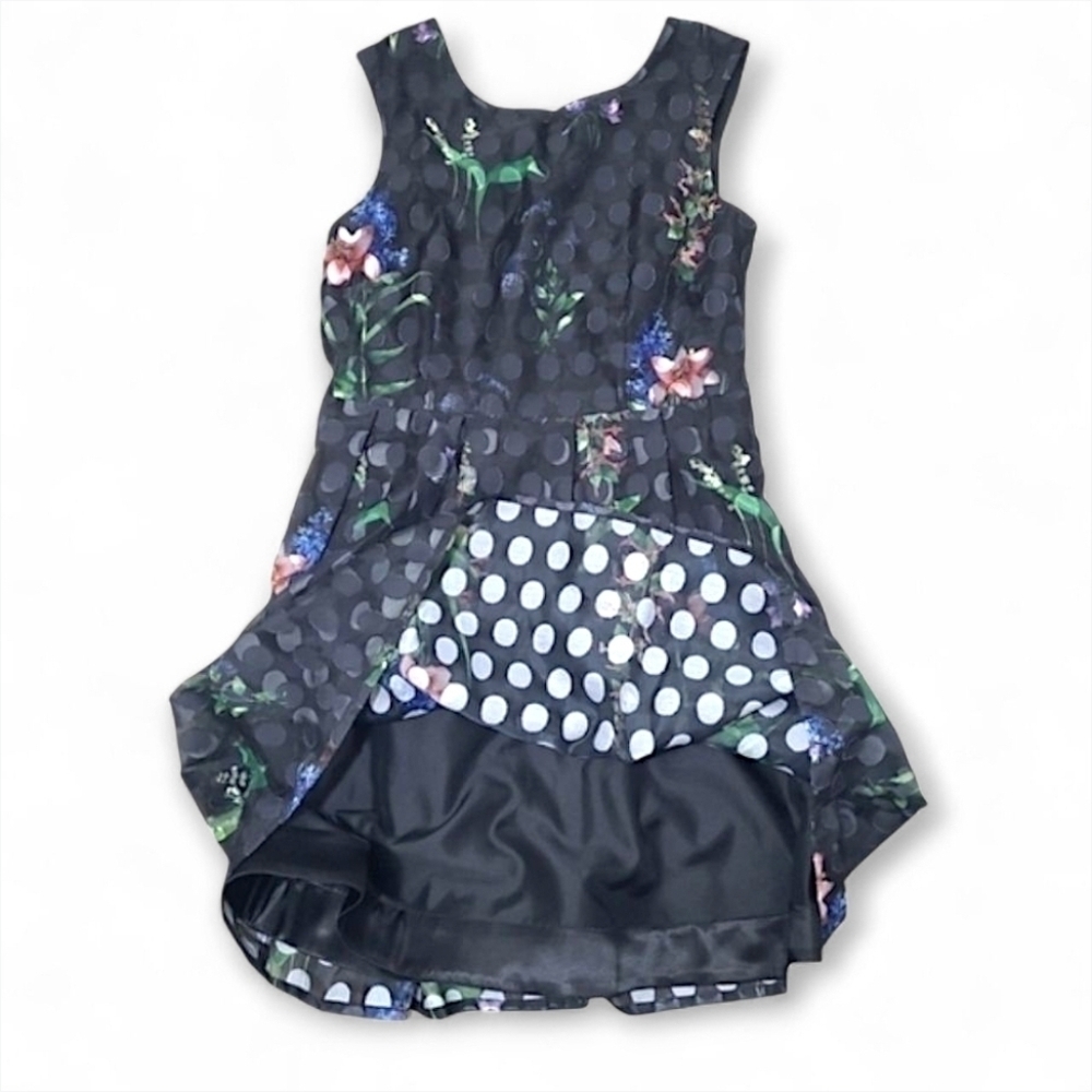 Derhy K Black Polka Dot Floral Sleeveless Party Dress Girls Size Large